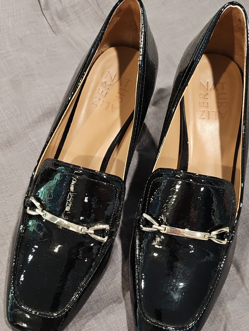 Naturalizer Patent Black Loafers with Silver Bit Accent